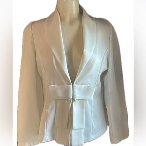 White Satin  blazer with hook closure around attached bow.